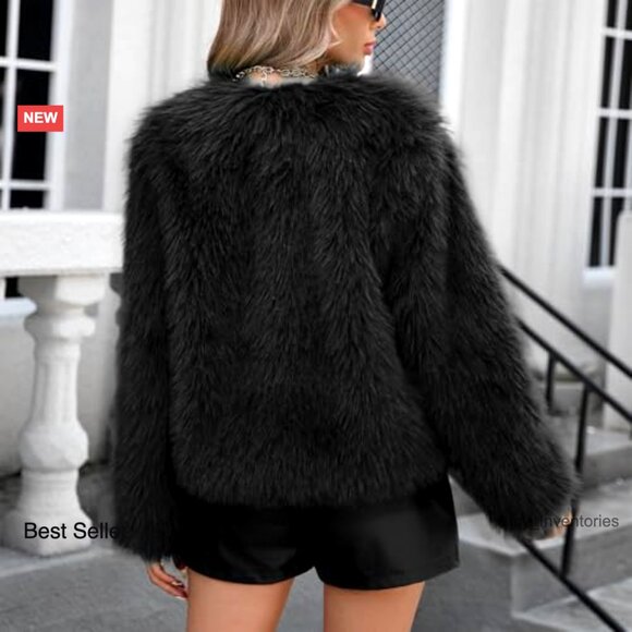 Faux Fur Cropped Jacket Shaggy Warm Winter Coat Long Sleeve Chic Y2K - Picture 5 of 7